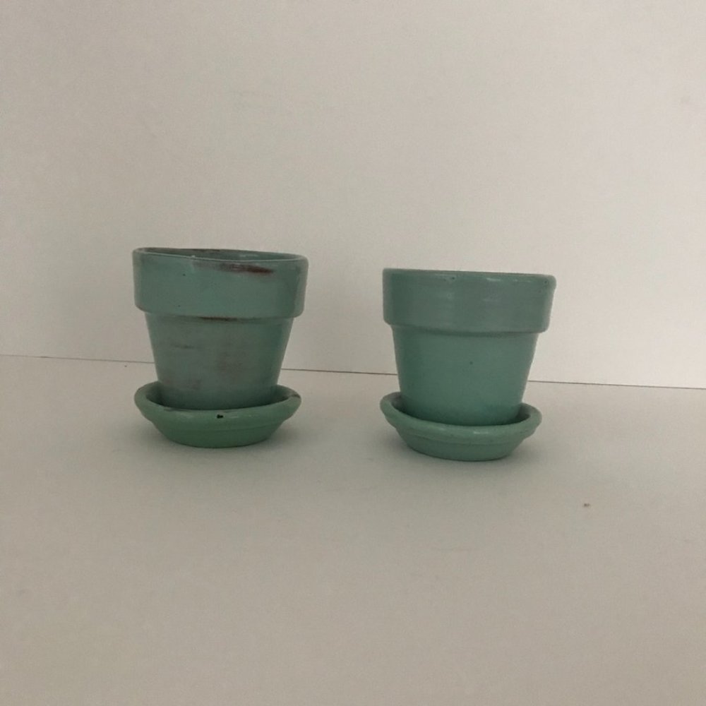 Petite Aqua Pots and Saucers Approx. 2-3/4" tall